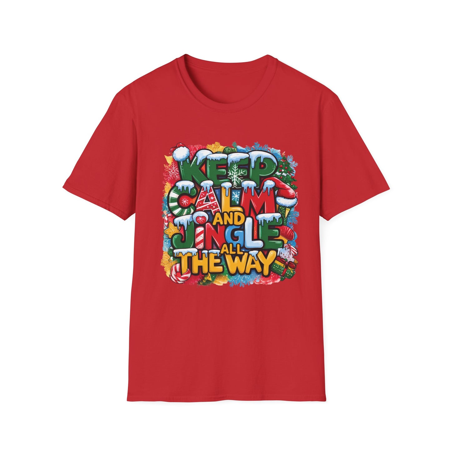 ADULT Unisex Softstyle T-Shirt with "Keep Calm and Jingle All the Way" Christmas Design