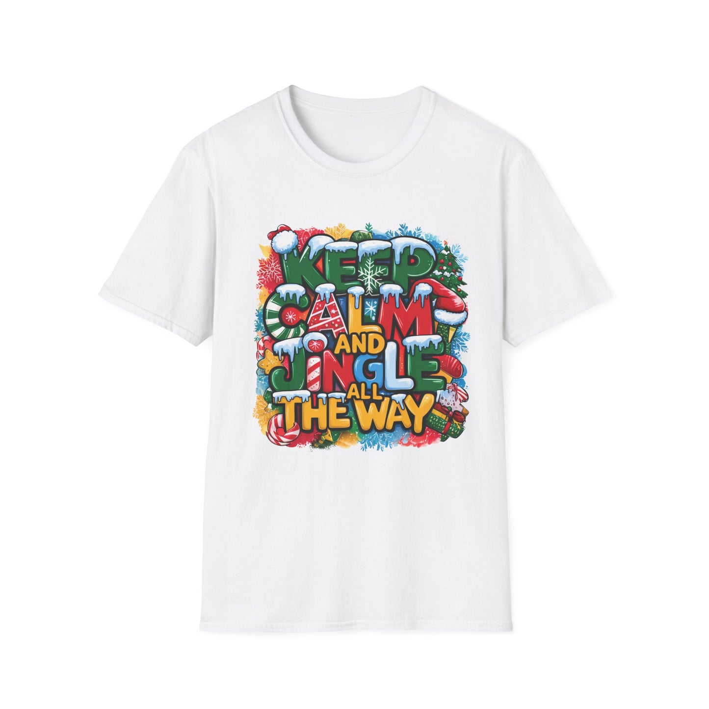 ADULT Unisex Softstyle T-Shirt with "Keep Calm and Jingle All the Way" Christmas Design